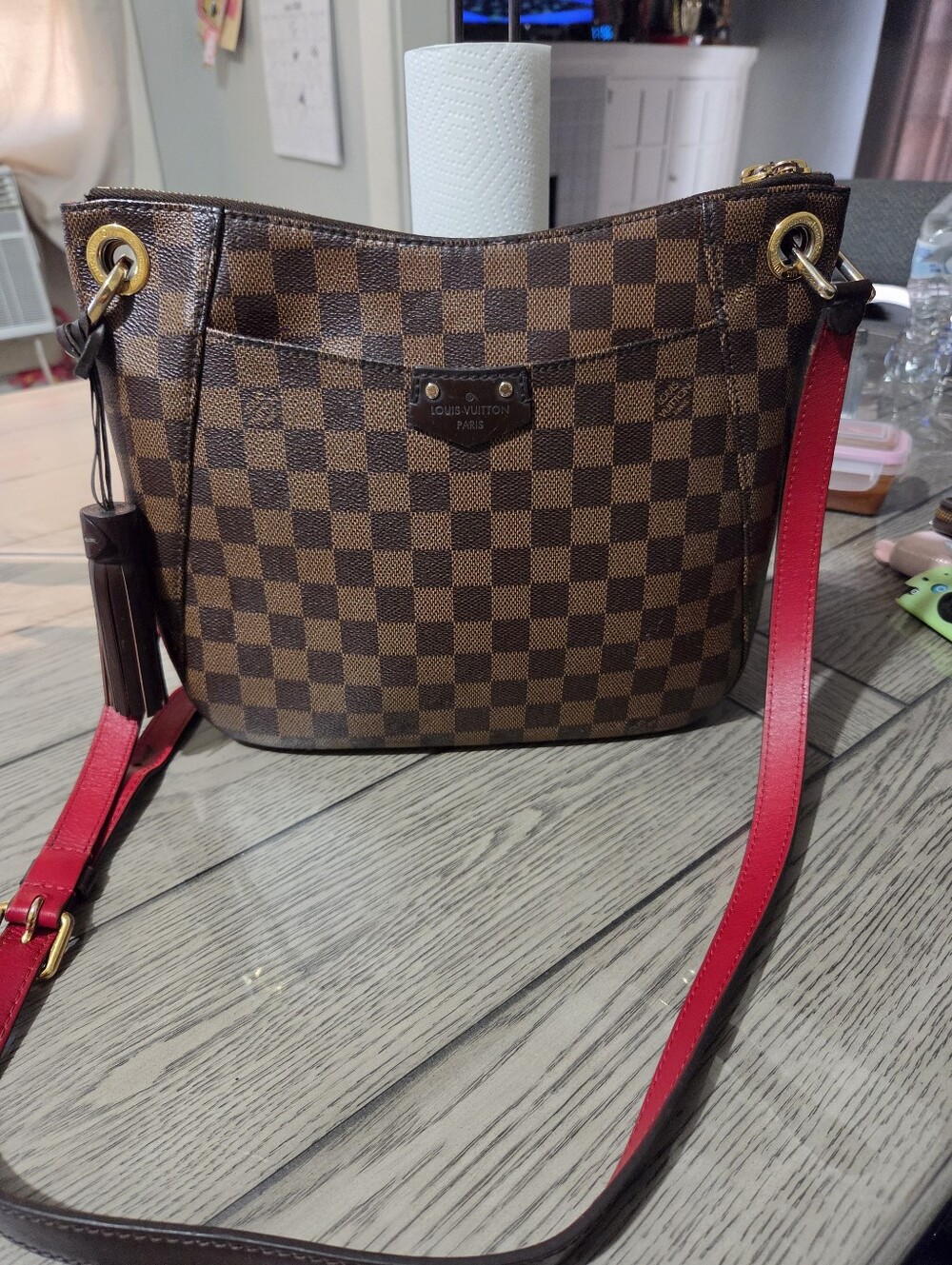 Louis Vuitton Damier Ebene Crossbody Bag with Red Strap